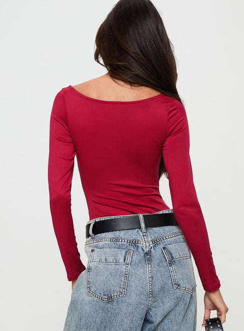 back view of model wearing Princess Polly Ellery Bodysuit Red Long Sleeve Tops 
