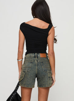 back view of model wearing Princess Polly Lou Carpenter Denim Shorts Antique Wash High Waisted Shorts 