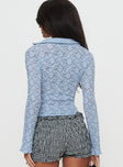 back view of model wearing Princess Polly Azai Long Sleeve Top Blue Full Sleeves V-Neck 