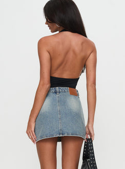back view of model wearing Princess Polly Precious Cargo Denim Mini Skirt Light Blue Wash Mini Skirts 