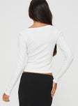 back view of model wearing Princess Polly Passoni Long Sleeve Top White Full Sleeves Asymmetric Neckline 