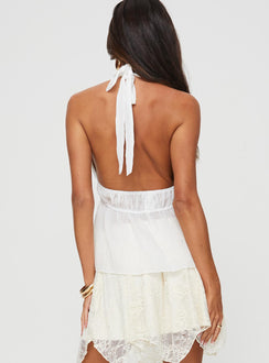 back view of model wearing Princess Polly Denham Halter Top White Sleeveless Plunger 