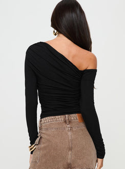 back view of model wearing Princess Polly Beller Long Sleeve Top Black Full Sleeves Asymmetric Neckline 