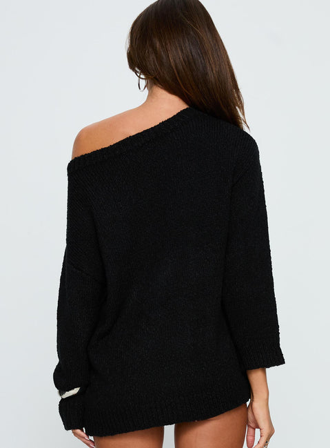 back view of model wearing Princess Polly Esenia Eyelet Detail Knit Sweater Black / Silver Longline Jumpers 