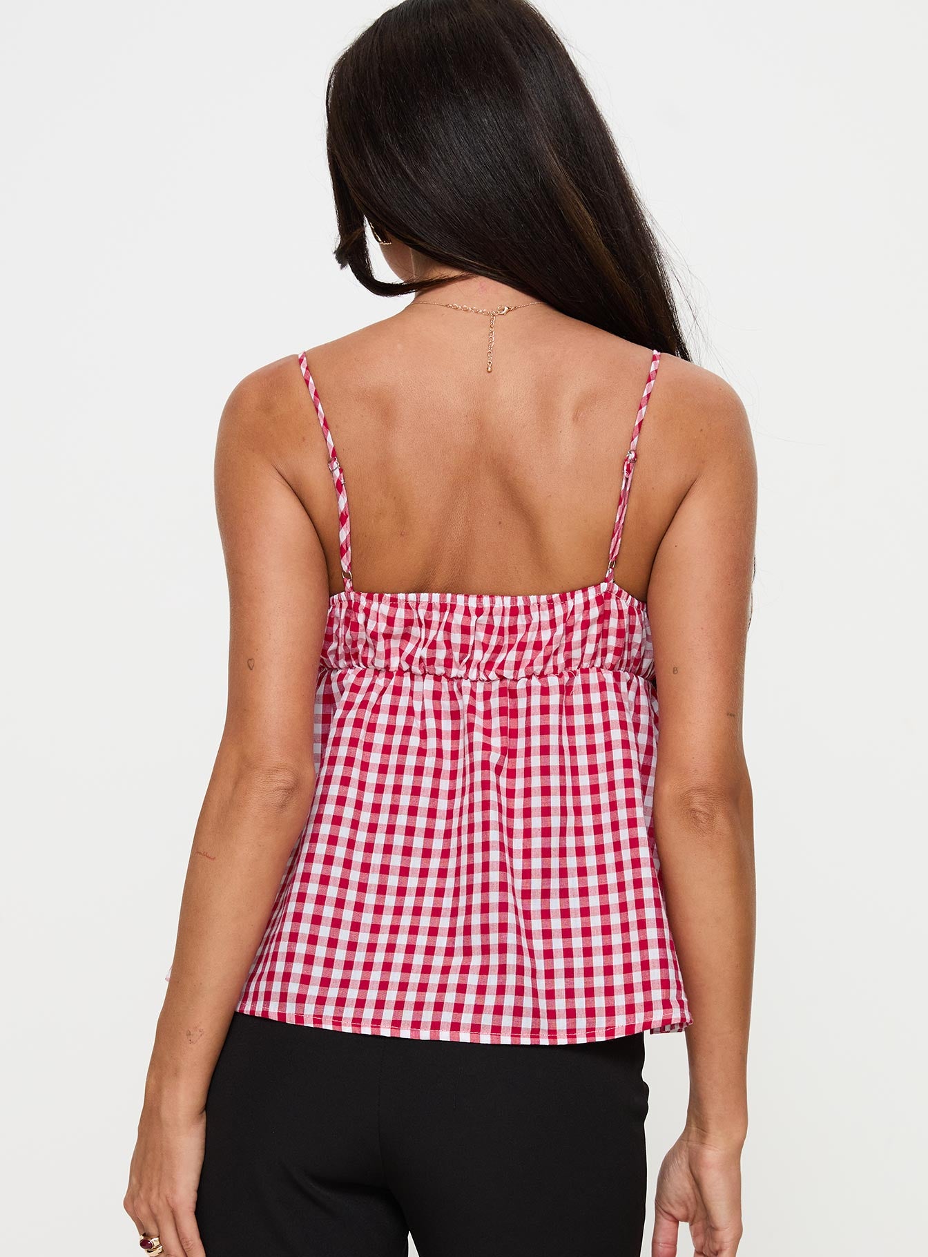 back view of model wearing Princess Polly Mirabellah Frill Top Red Gingham Sleeveless Square Neck 