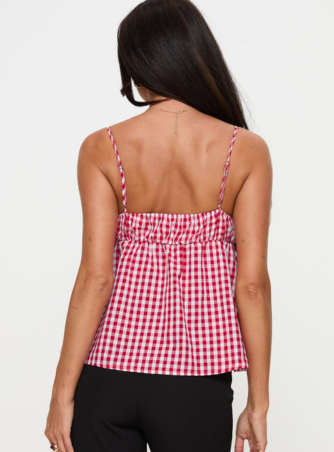 back view of model wearing Princess Polly Mirabellah Frill Top Red Gingham Sleeveless Square Neck 