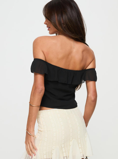back view of model wearing Princess Polly Molins Short Sleeve Off The Shoulder Top Black Short Sleeves straight 
