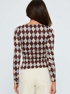 Shonna Boat Neck Long Sleeve Top Argyle