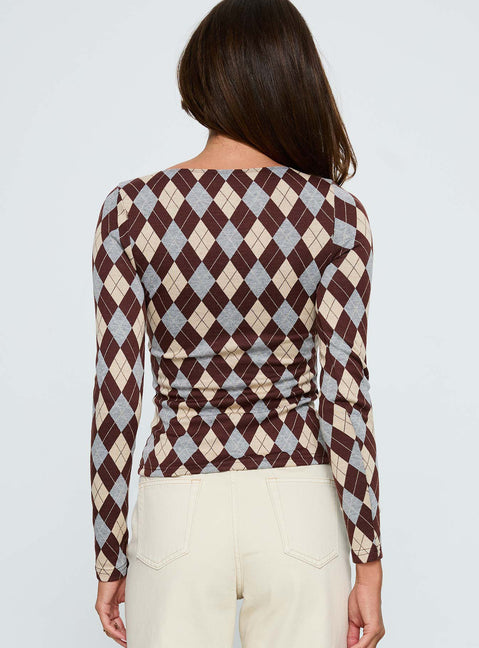 Shonna Boat Neck Long Sleeve Top Argyle
