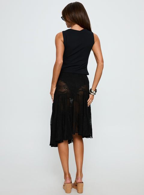 back view of model wearing Princess Polly Mellissa Sheer Textured Midi Skirt Black 