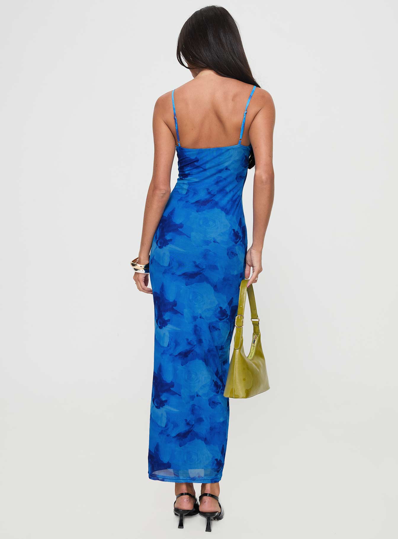 back view of model wearing Princess Polly Hathaway Maxi Dress Blue Floral Plunger 