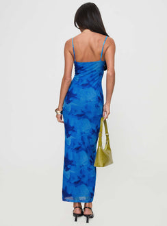 back view of model wearing Princess Polly Hathaway Maxi Dress Blue Floral Plunger 