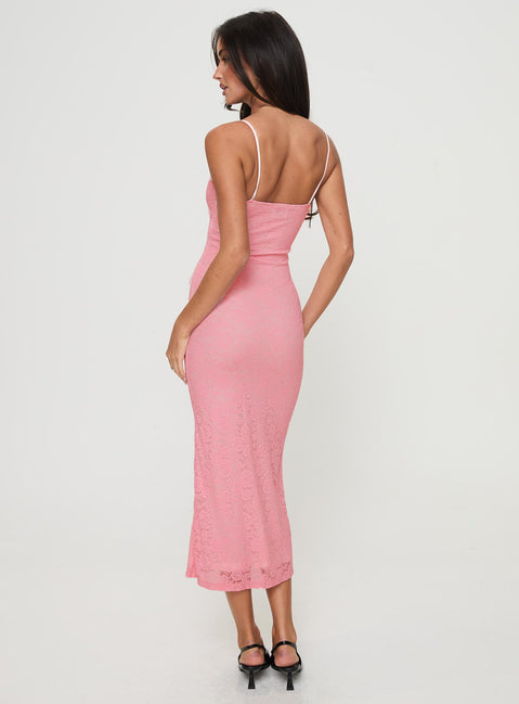 back view of model wearing Princess Polly Prospero Maxi Dress Pink Scoop Neck 