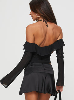 back view of model wearing Princess Polly Molins Off The Shoulder Top Black Full Sleeves straight 