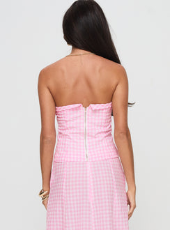 back view of model wearing Princess Polly Carmino Strapless Top Pink Check Sleeveless straight 