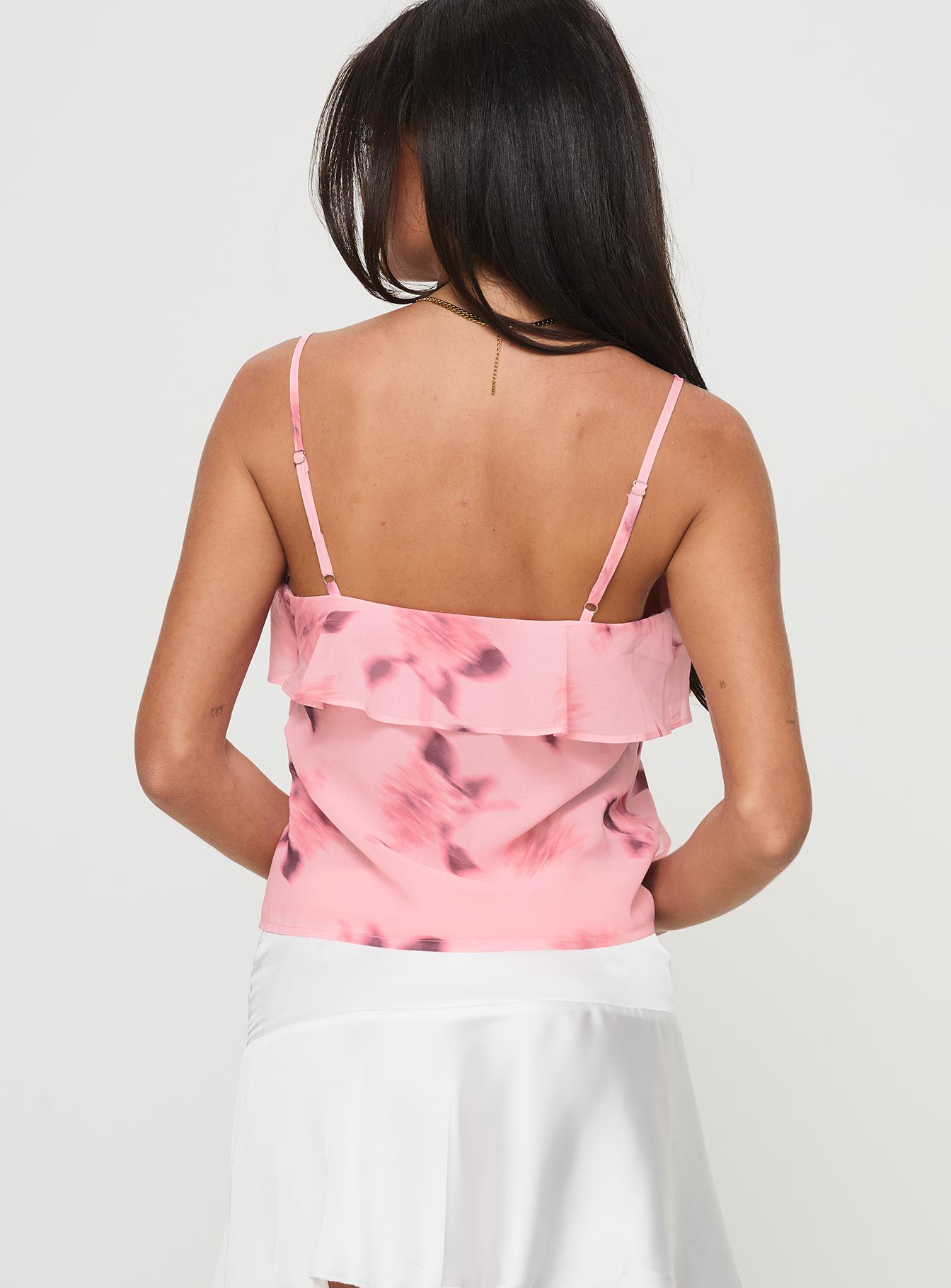 back view of model wearing Princess Polly Nectarine Top Pink Floral Sleeveless V-Neck 