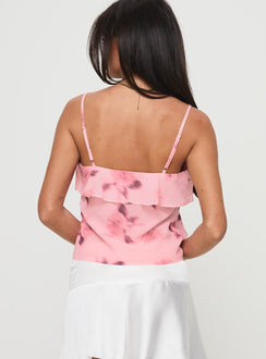 back view of model wearing Princess Polly Nectarine Top Pink Floral Sleeveless V-Neck 