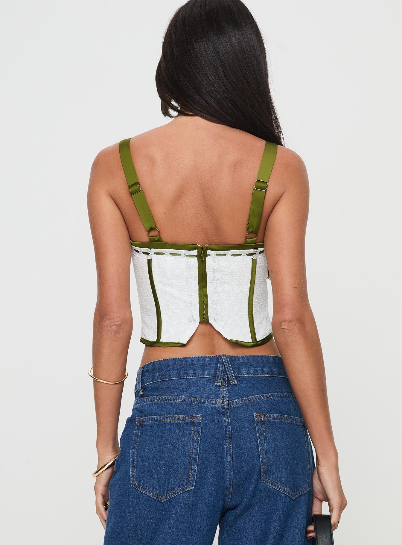 back view of model wearing Princess Polly Jiraia Lace Corset Top White / Green Sleeveless Sweetheart 