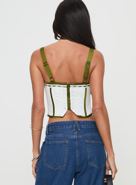 back view of model wearing Princess Polly Jiraia Lace Corset Top White / Green Sleeveless Sweetheart 