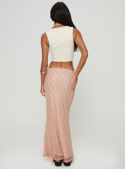 back view of model wearing Princess Polly Gallego Lace Maxi Skirt Pink Maxi 