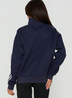Explore the Keeran Funnel Neck Fleece Jumper Navy / White womens jumpers in short length back view of model wearing Princess Polly
