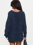 back view of model wearing Princess Polly Gabrieal Knit Sweater Navy Long 