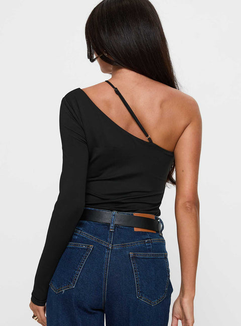 back view of model wearing Princess Polly Play Pretend One Sleeve Bodysuit Black Full Sleeves 