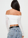 back view of model wearing Princess Polly Hartford Off The Shoulder Top White Full Sleeves straight 