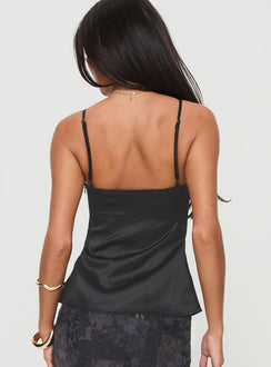 back view of model wearing Princess Polly Gunnar Top Black Sleeveless Plunger 