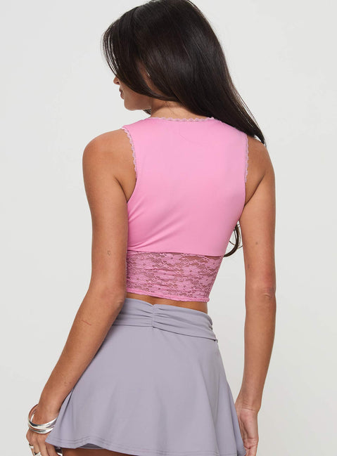 back view of model wearing Princess Polly Isolde Top Pink Sleeveless Plunger 