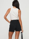 High rise denim shorts Belt looped waist, zip and button fastening, five-pocket design, branded patch at back Non-stretch, unlined 
