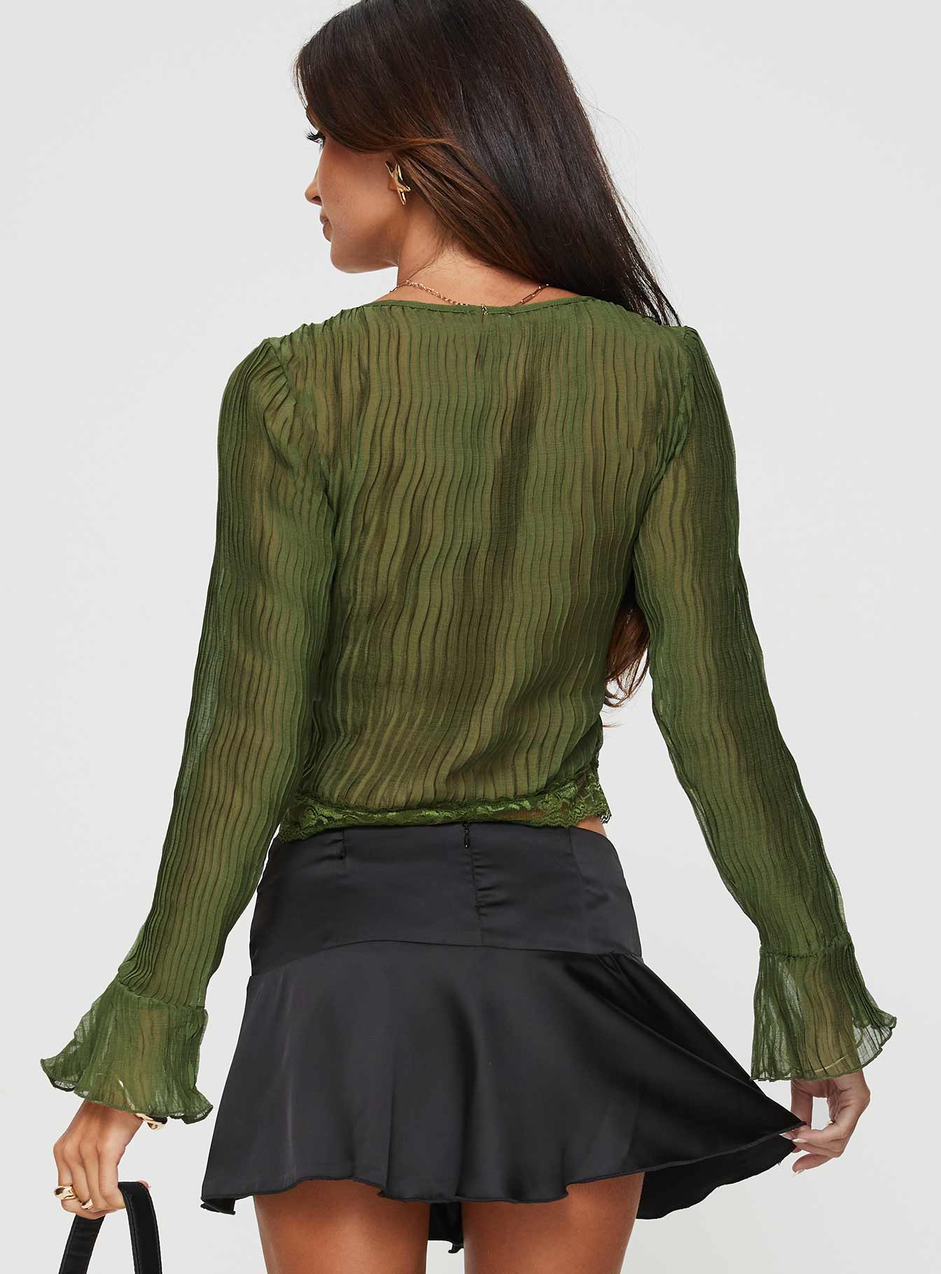 back view of model wearing Princess Polly Kareela Long Sleeve Top Green Full Sleeves V-Neck 