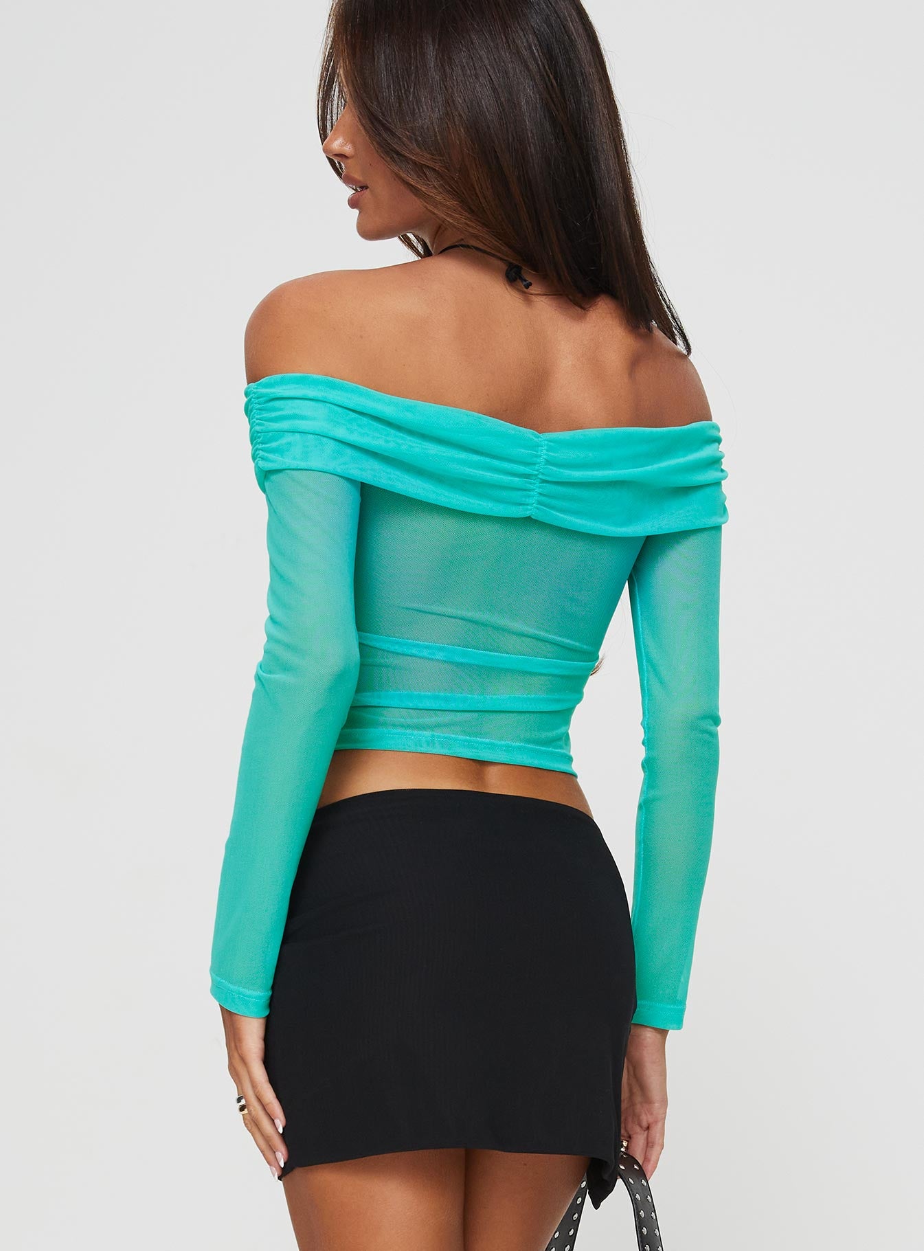 back view of model wearing Princess Polly Lauter Off The Shoulder Top Blue Full Sleeves straight 