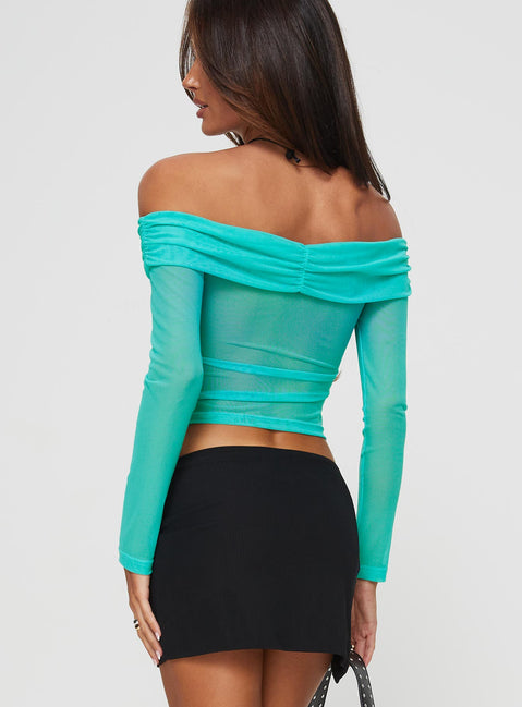 back view of model wearing Princess Polly Lauter Off The Shoulder Top Blue Full Sleeves straight 