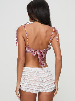 back view of model wearing Princess Polly Belong To The Sun Top Red Check Sleeveless Square Neck 