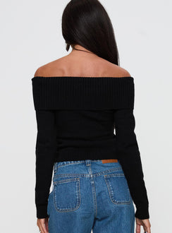 back view of model wearing Princess Polly One For Me Off The Shoulder Long Sleeve Top Black Cropped 