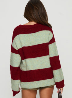 back view of model wearing Princess Polly Nesha Fluffy Knit Sweater Red / Blue Stripe 
