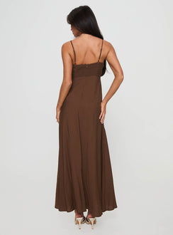 back view of model wearing Princess Polly Neeka Maxi Dress Brown V-Neck 