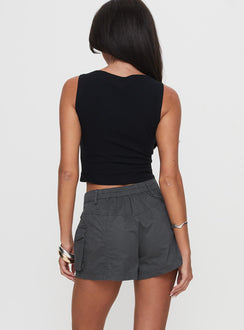 back view of model wearing Princess Polly Colonel Cargo Mini Short Slate High Waisted Shorts 