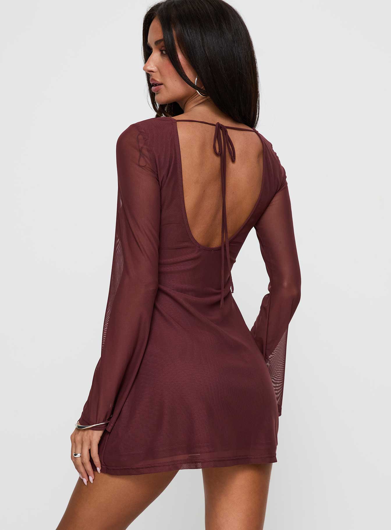 back view of model wearing Princess Polly Artique Long Sleeve Mini Dress Brown Plunger 