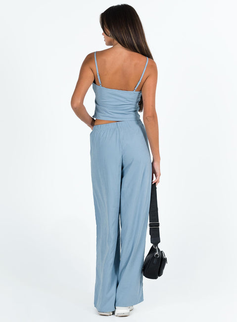 Two piece set Cupro material Adjustable shoulder straps on top Wide leg pants Elasticated waistband with tie fastening