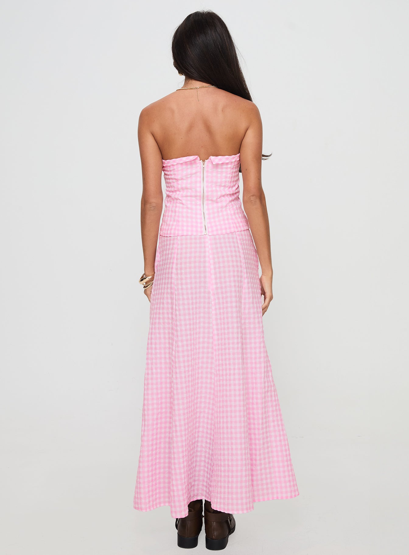 back view of model wearing Princess Polly Carmino Maxi Skirt Pink Check Maxi 