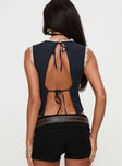 back view of model wearing Princess Polly Hagea Top Navy Sleeveless Plunger 