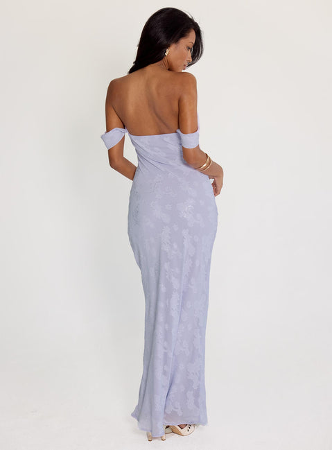 back view of model wearing Princess Polly Azura Off The Shoulder Maxi Dress Lilac Straight Neck 
