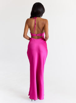 back view of model wearing Princess Polly Odyssa Halter Maxi Dress Magenta Plunger 