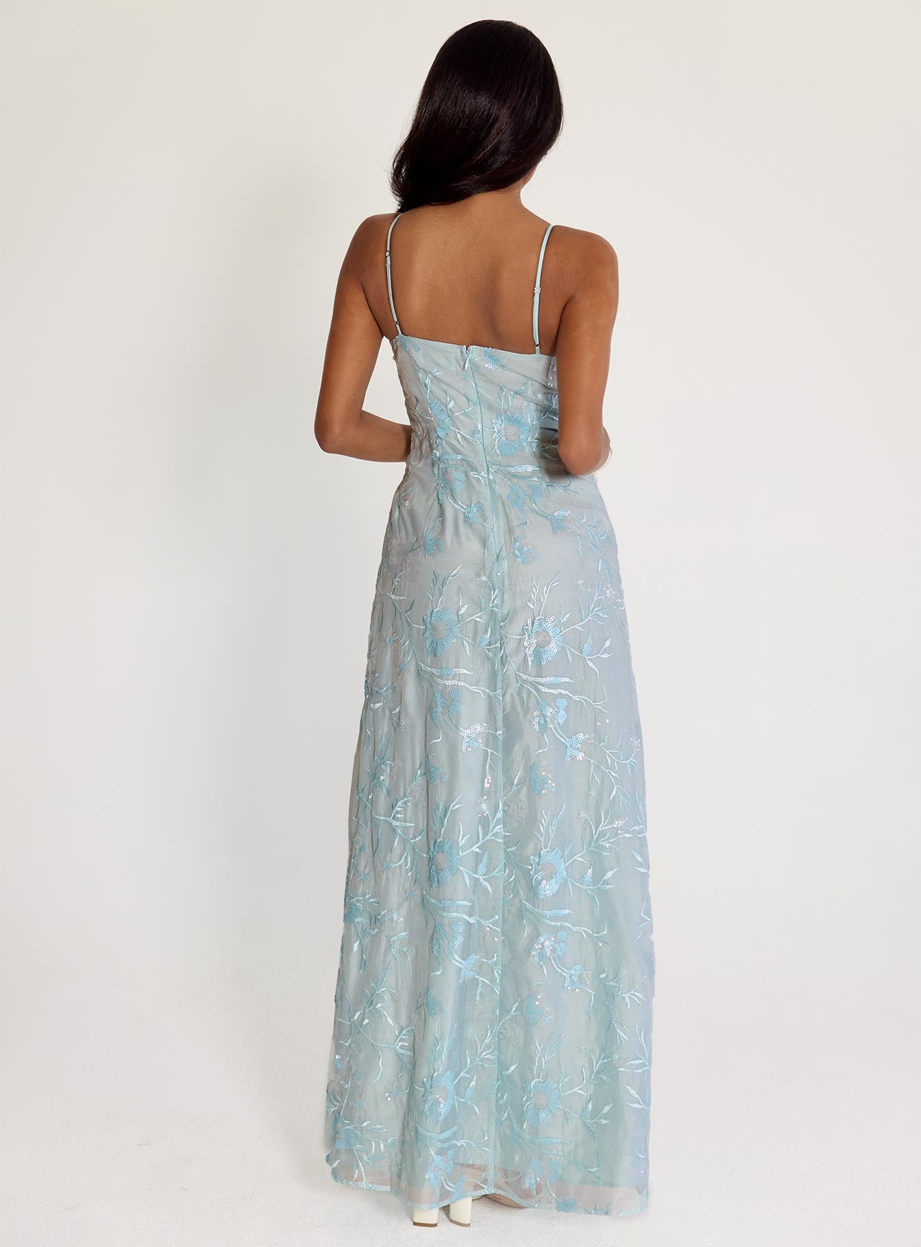 back view of model wearing Princess Polly Believe In Love Embroidered Maxi Dress Blue Sweetheart Neckline 