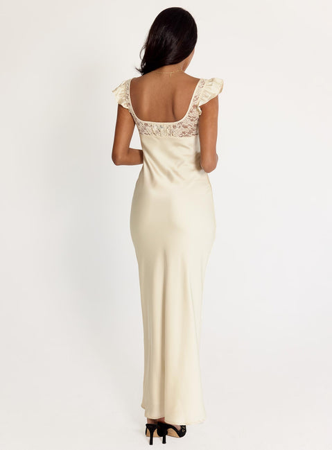 back view of model wearing Princess Polly Adelie Maxi Dress Champagne Scoop Neck 