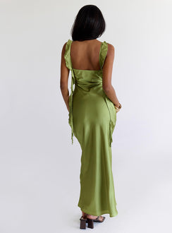 back view of model wearing Princess Polly Lanai Maxi Dress Olive Square Neck 