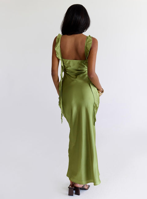 back view of model wearing Princess Polly Lanai Maxi Dress Olive Square Neck 
