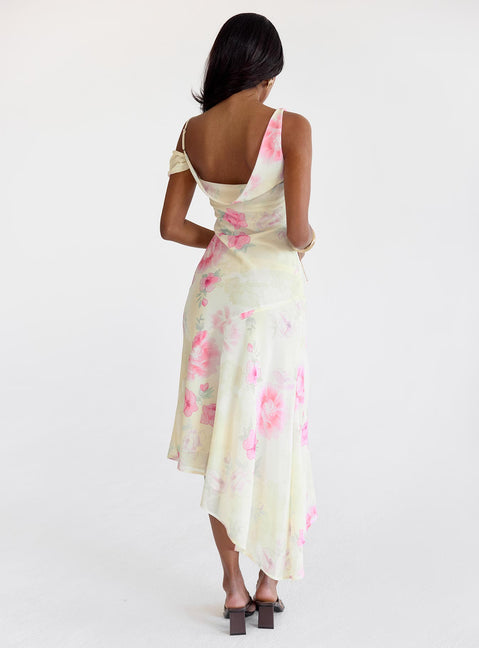 back view of model wearing Princess Polly Somebody Like Me Asymmetrical Midi Dress Pink Floral Cowl Neck 